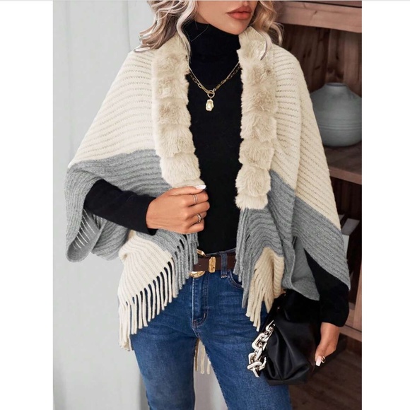 Beige & Grey Fringe Hem Open Cardigan Sweater Vegan Faux Fur - Picture 5 of 6